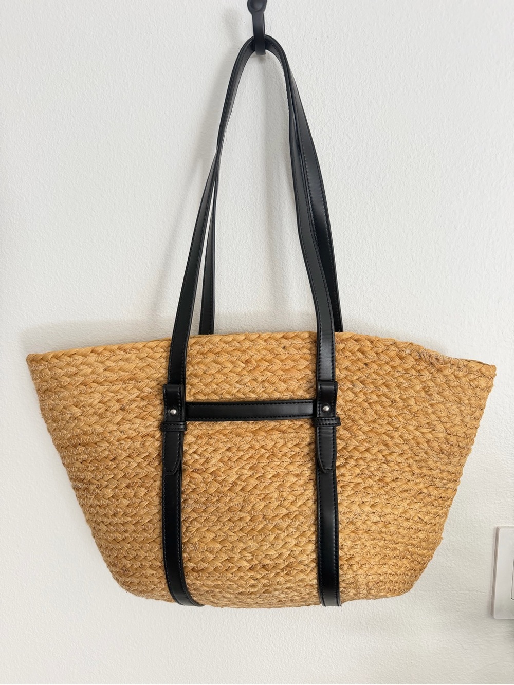 Zara Tan Woven Tote with Black Straps